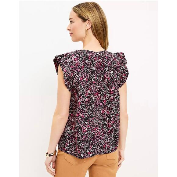 Loft Women's Multicolor Floral Cap Flutter Sleeve Crew Neck Blouse Top Size S - Picture 3 of 7